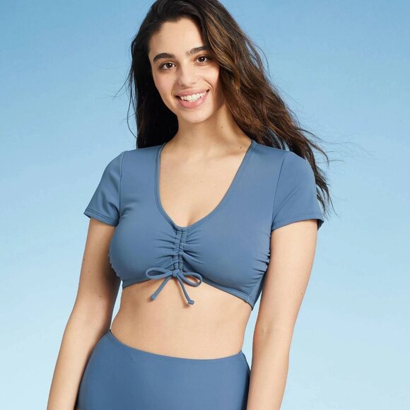 Kona Sol Pale Blue Gray Tunnel Front Tie Sleeved Bikini Swim Top - Picture 1 of 8